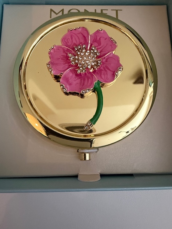 Monet Gold Compact Mirror with Pink Flower and Green Stem - Picture 2 of 2
